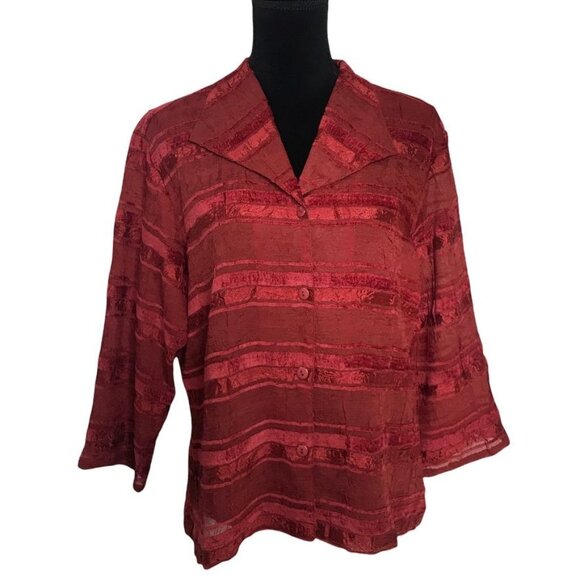Coldwater Creek Striped Red Burgundy Sheer w/Applique Blouse - Size Petite Large - Picture 1 of 6